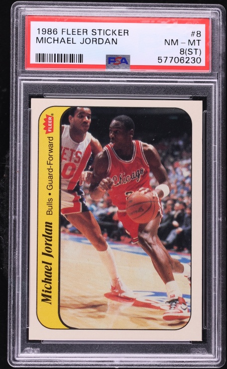 1986 Fleer Sticker Michael Jordan ROOKIE #8 PSA 8(st) NM-MT