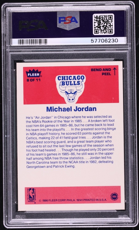 1986 Fleer Sticker Michael Jordan ROOKIE #8 PSA 8(st) NM-MT