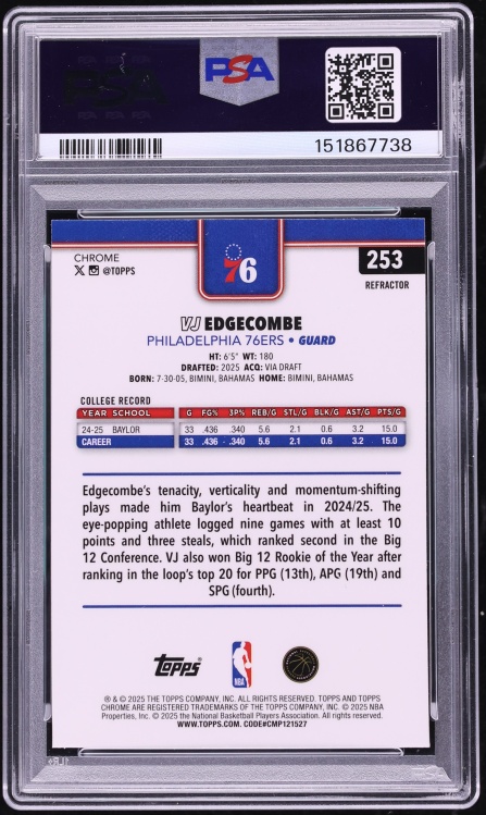 2025 Topps Chrome Refractor VJ Edgecombe ROOKIE #253 PSA 9 MINT