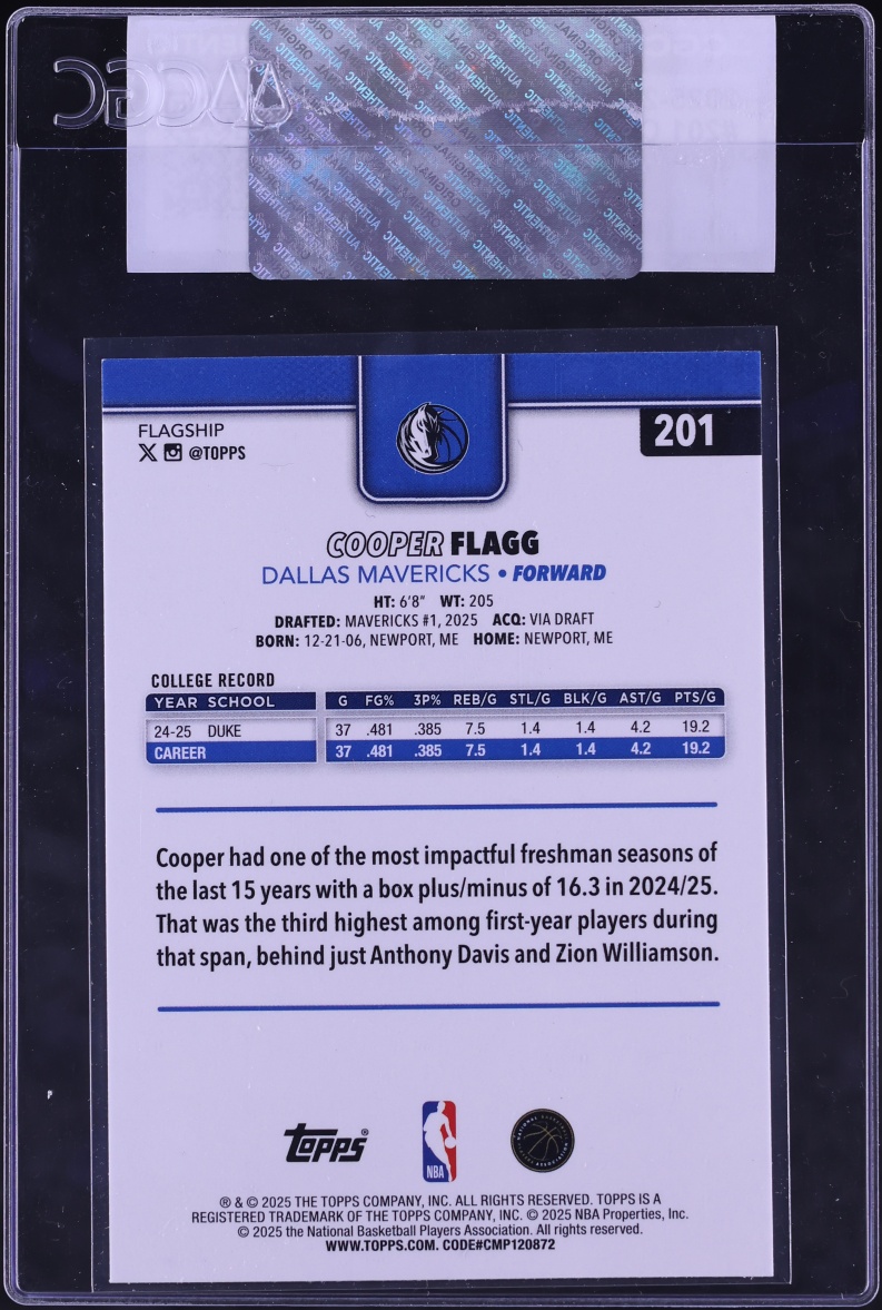 2025 Topps Basketball Cooper Flagg ROOKIE #201 CGC AUTH
