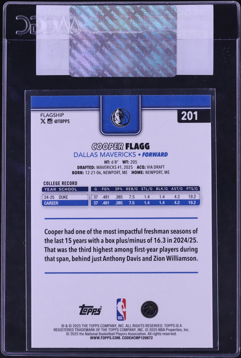 2025 Topps Basketball Cooper Flagg ROOKIE #201 CGC AUTH