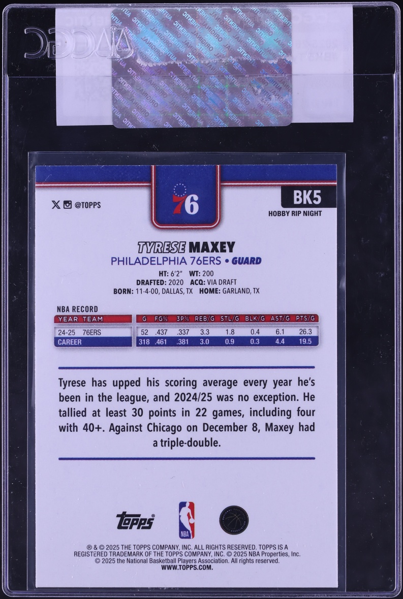 2025 Topps Hobby Rip Night Tyrese Maxey #BK5 CGC AUTH
