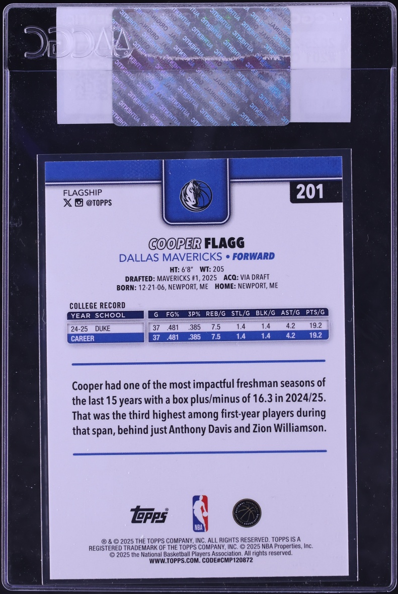 2025 Topps Basketball Cooper Flagg ROOKIE #201 CGC AUTH