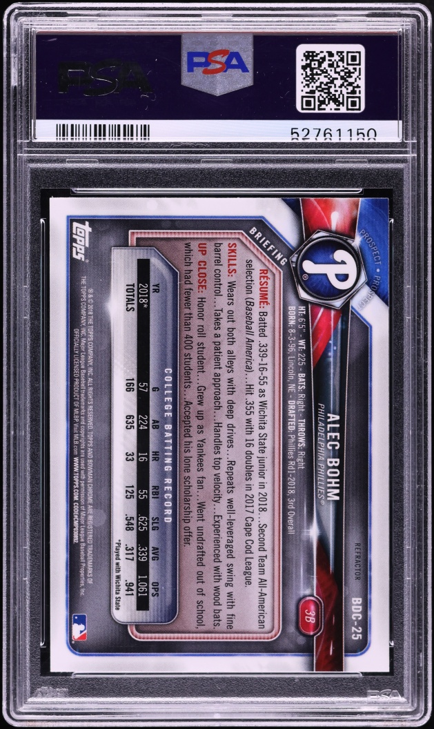 2018 Bowman Chrome Draft Refractor Alec Bohm PROSPECT #BDC-25 PSA 10 GEM MINT