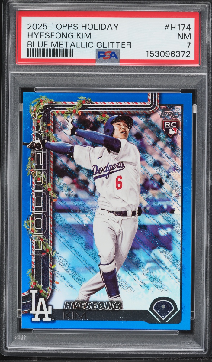2025 Topps Holiday Blue Metallic Glitter Hyeseong Kim ROOKIE #H174 PSA 7 NRMT