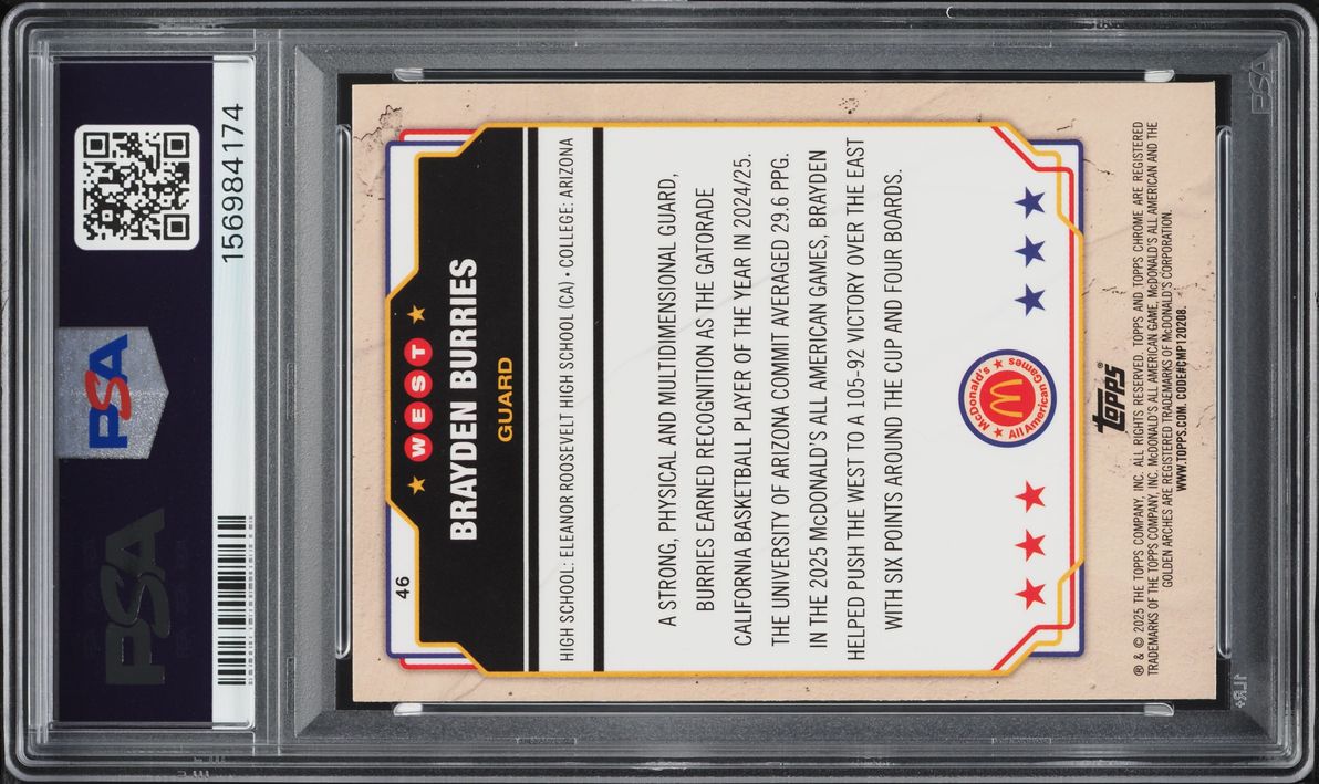 2025 Topps Chrome McDonald's All American Aqua Wave Brayden Burries ROOKIE /198 #46 PSA 10 GEM