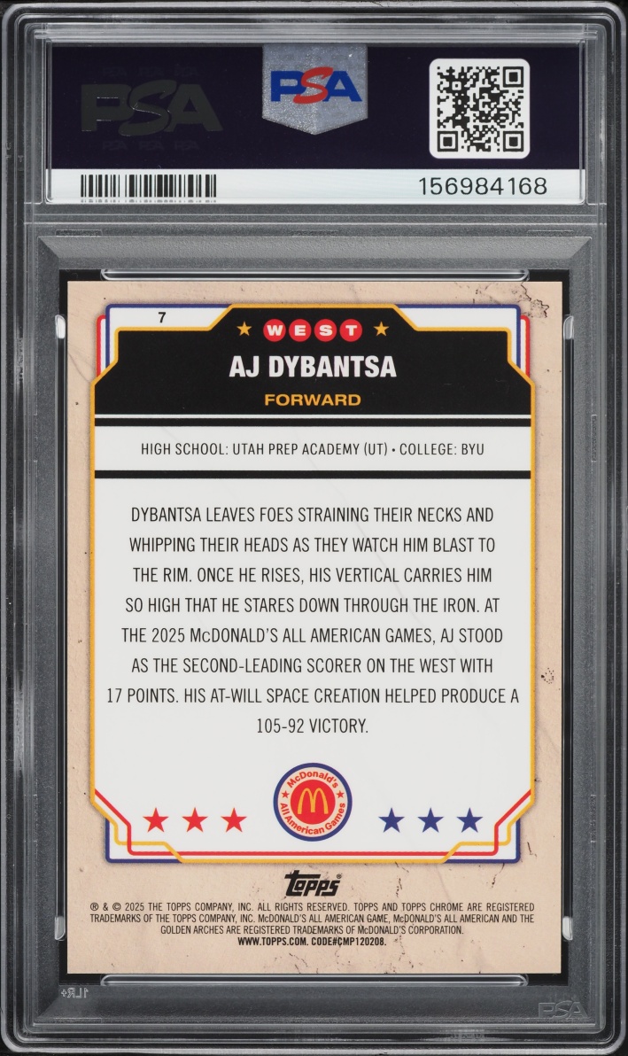 2025 Topps Chrome McDonald's All-American Gold Refractor AJ Dybantsa /50 #7 PSA 10 GEM MINT