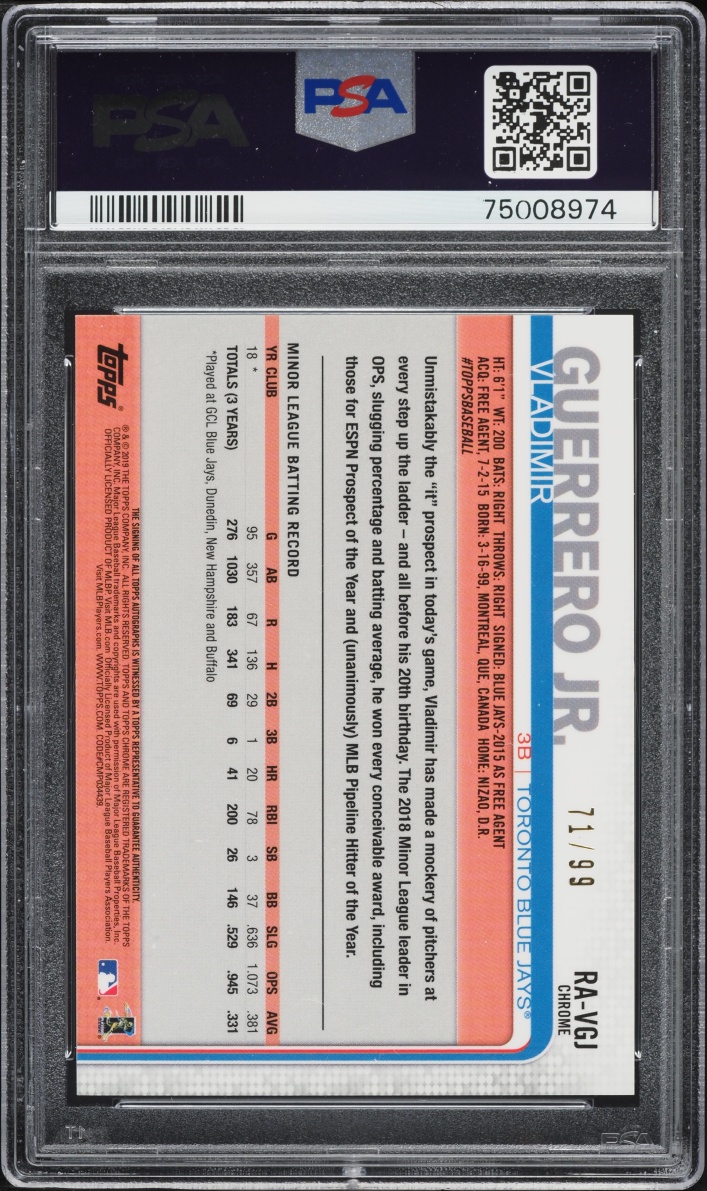 2019 Topps Chrome Green Refractor Vladimir Guerrero Jr. ROOKIE AUTO DNA 10 /99 #RA-VGJ PSA 10