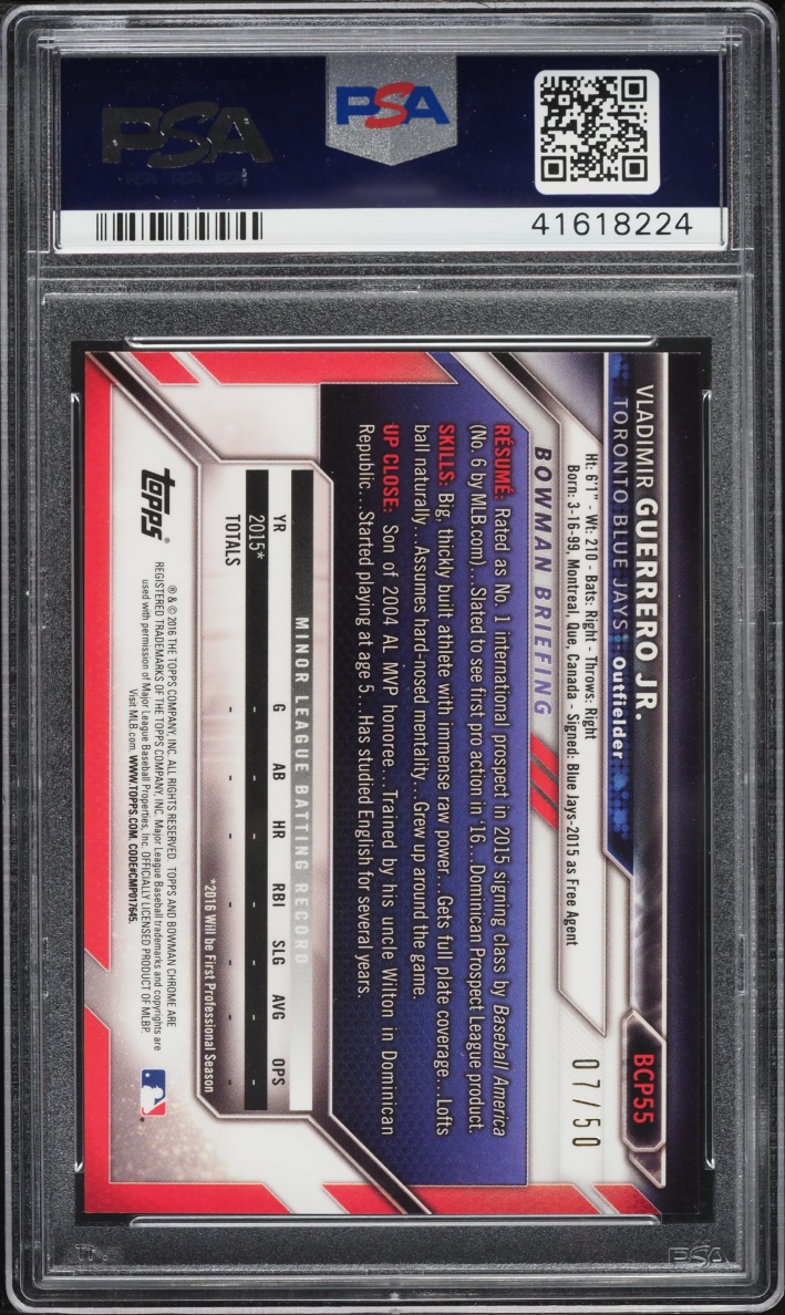 2016 Bowman Chrome Gold Refractor Vladimir Guerrero Jr. PROSPECT /50 #BCP55 PSA 10 GEM MINT