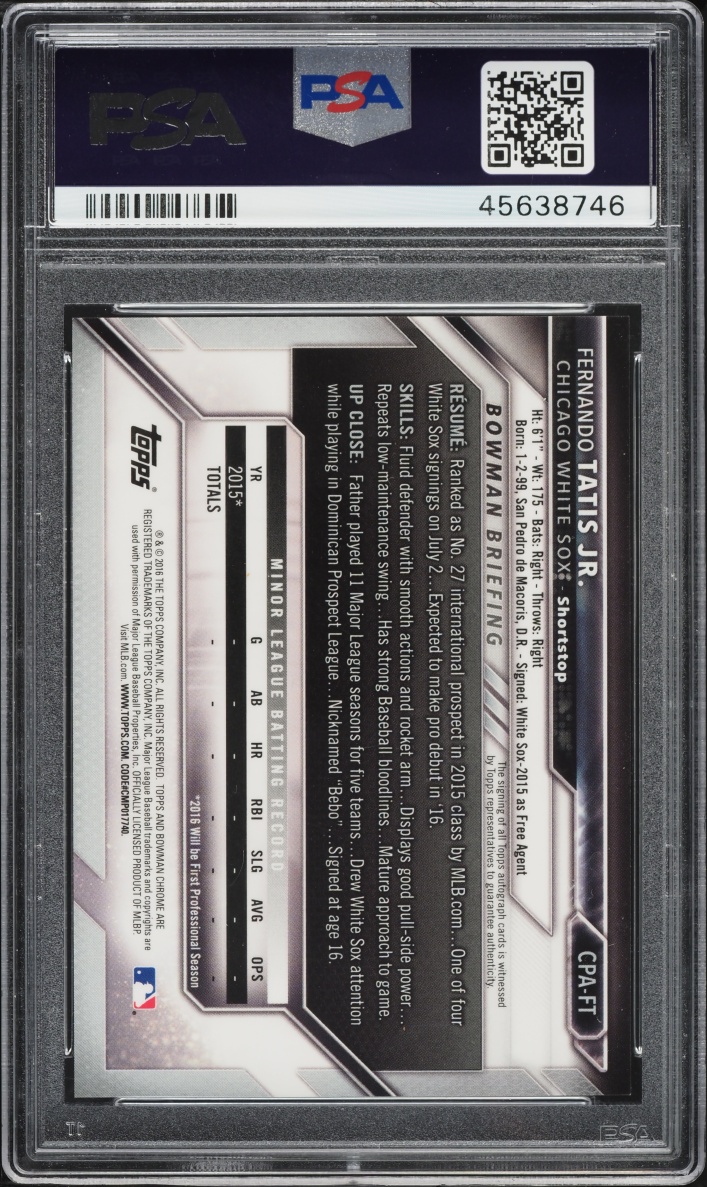2016 Bowman Chrome Fernando Tatis Jr. PROSPECT AUTO #CPA-FT PSA 10 GEM MINT