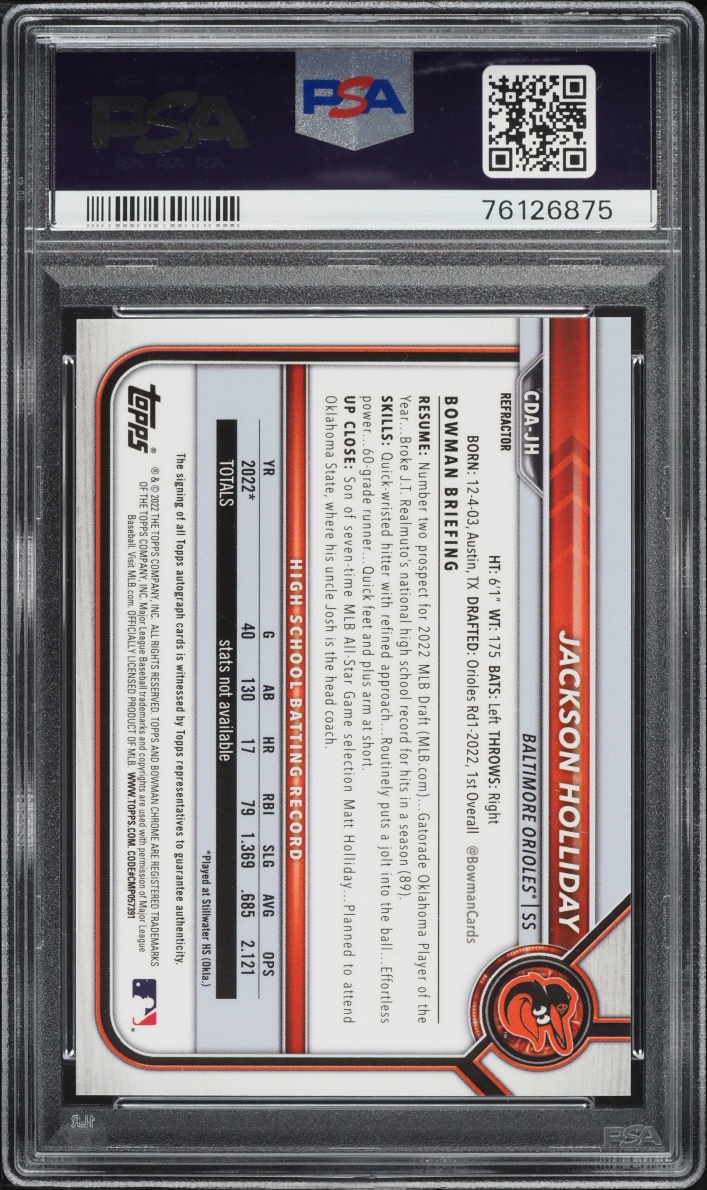 2022 Bowman Chrome Draft Refractor Jackson Holliday PROSPECT AUTO /499 #CDA-JH PSA 10 GEM MINT