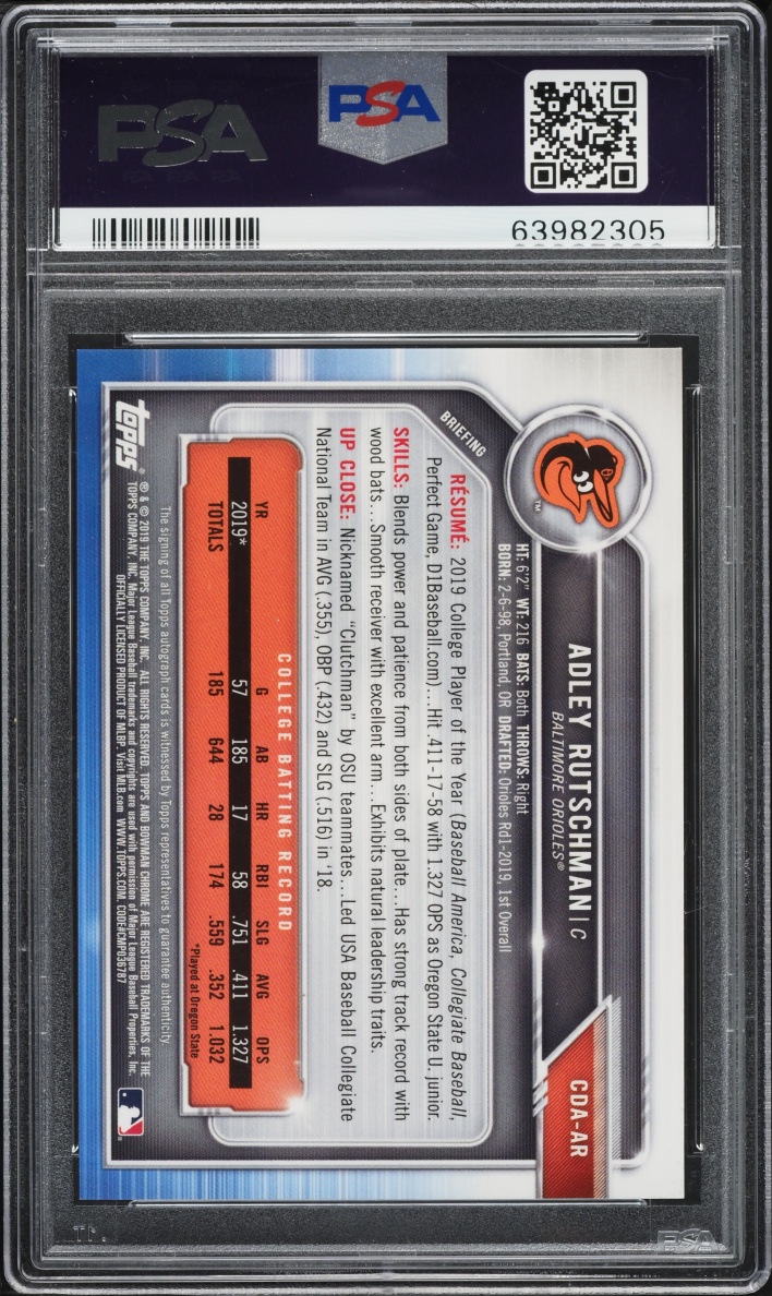 2019 Bowman Chrome Draft Adley Rutschman PROSPECT AUTO #CDA-AR PSA 10 GEM MINT