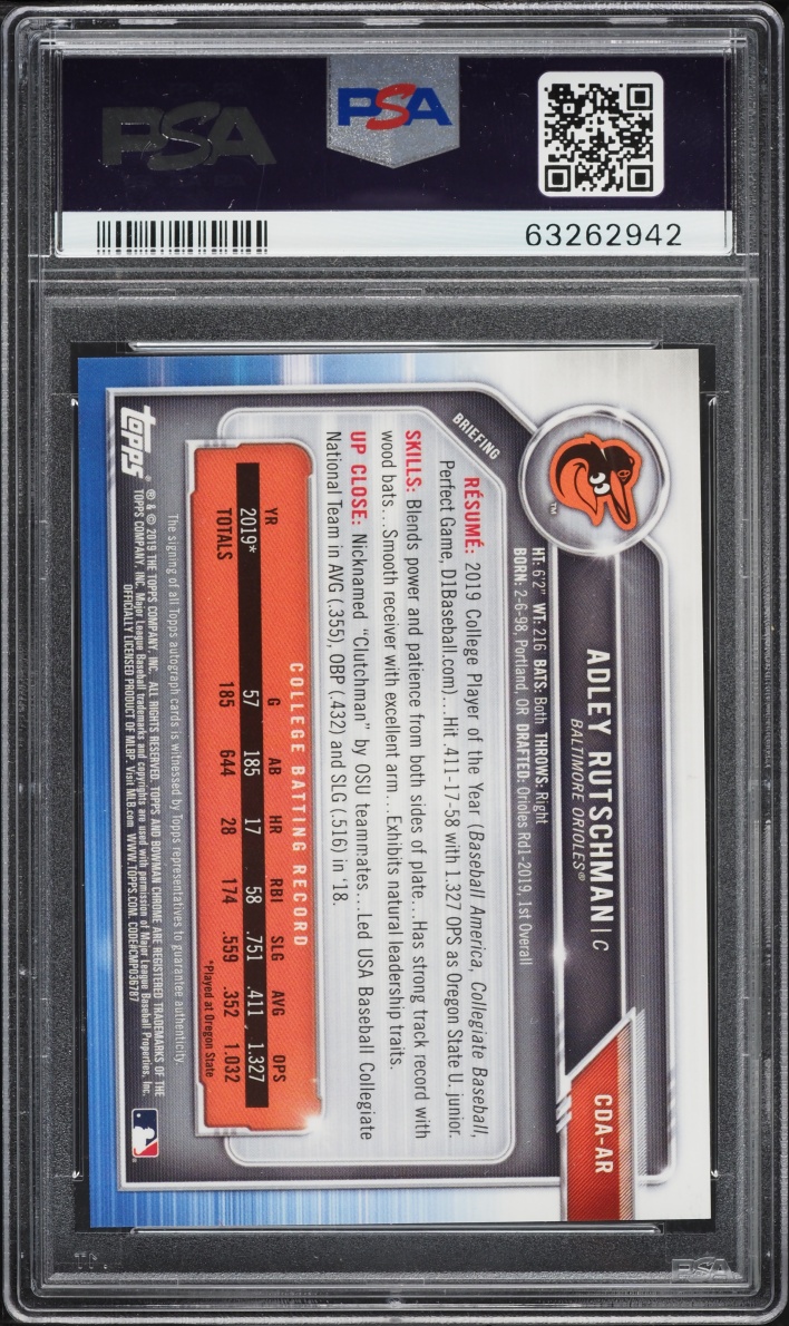 2019 Bowman Chrome Draft Purple Refractor Adley Rutschman PROSPECT AUTO /250 #CDA-AR PSA 10 GEM
