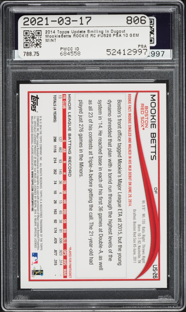 2014 Topps Update Smiling In Dugout Mookie Betts ROOKIE #US-26 PSA 10 GEM MINT