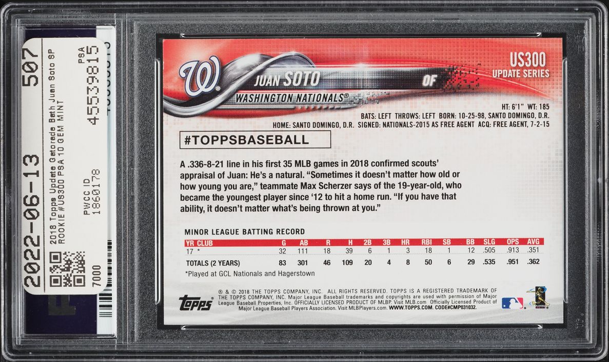 2018 Topps Update Gatorade Bath Juan Soto SP ROOKIE #US300 PSA 10 GEM MINT