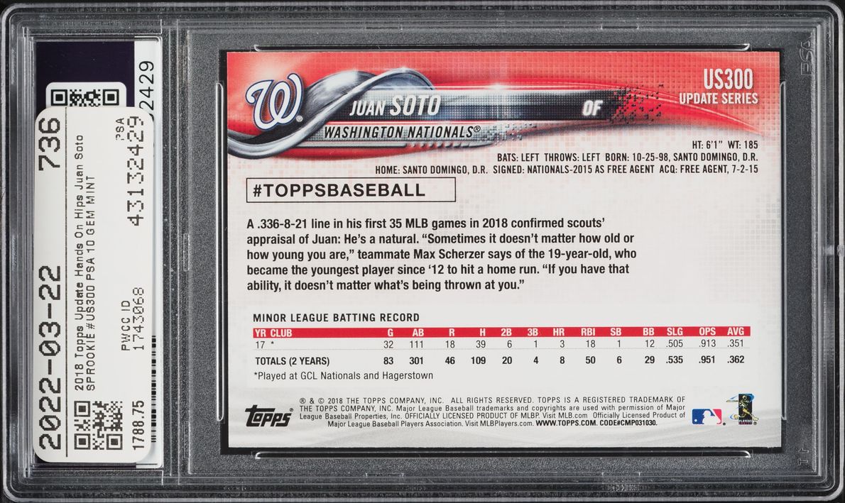 2018 Topps Update Hands On Hips Juan Soto SP ROOKIE #US300 PSA 10 GEM MINT