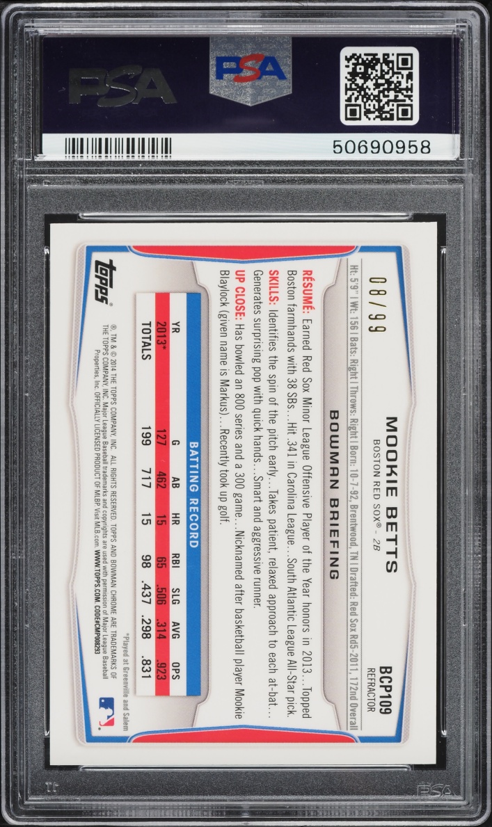2014 Bowman Chrome Black Refractor Mookie Betts ROOKIE /99 #BCP109 PSA 10 GEM MINT