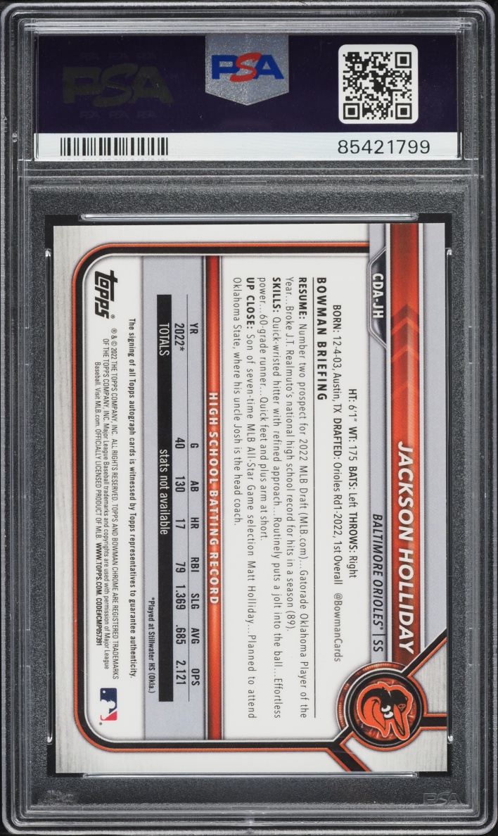 2022 Bowman Chrome Draft Picks Jackson Holliday PROSPECT AUTO #CDA-JH PSA 10 GEM MINT