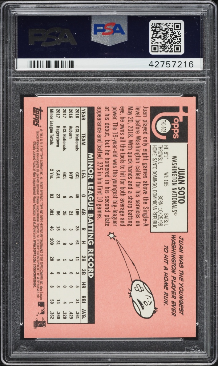 2018 Topps Heritage Chrome Purple Refractor Juan Soto ROOKIE #THC-502 PSA 10 GEM MINT