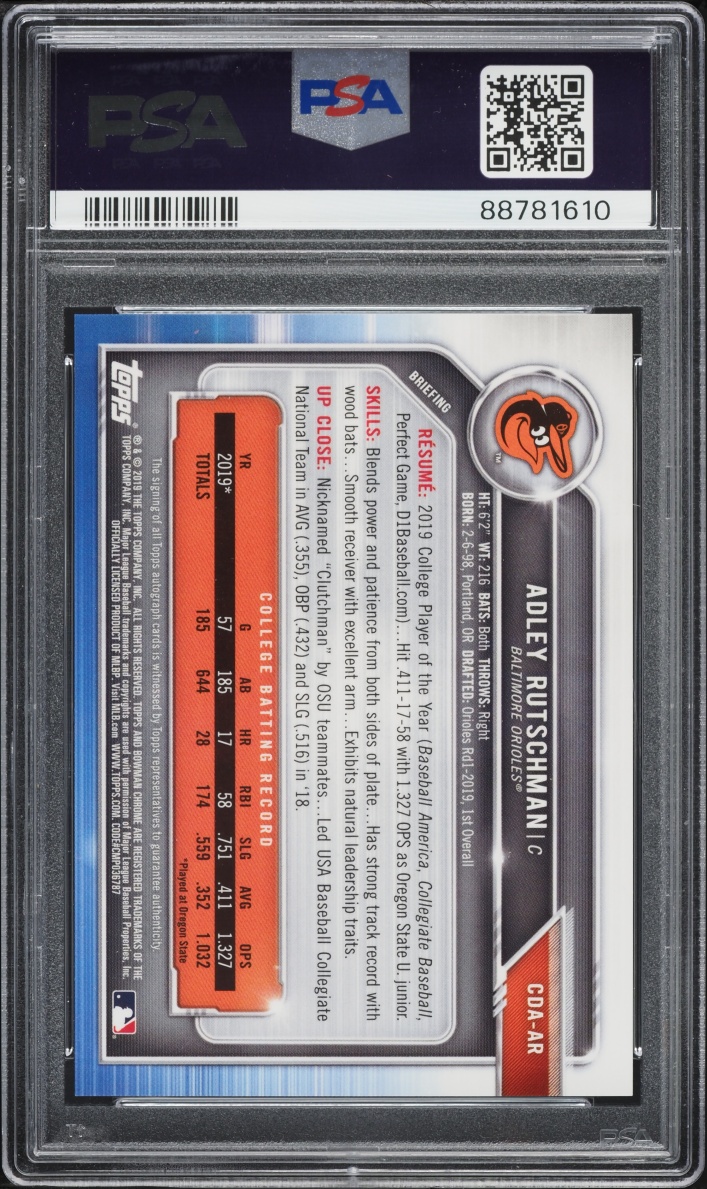 2019 Bowman Chrome Draft Black Refractor Adley Rutschman PROSPECT AUTO DNA 10 /75 #CDAAR PSA 10