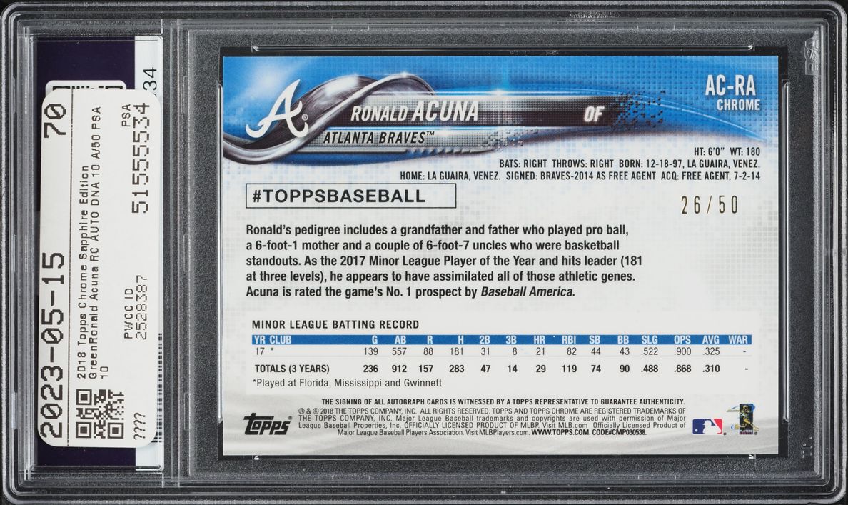2018 Topps Chrome Sapphire Edition Green Ronald Acuna ROOKIE AUTO DNA 10 /50 #AC-RA PSA 10 GEM