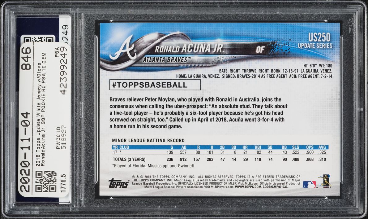 2018 Topps Update White Jersey w/Glove Ronald Acuna Jr. SSP ROOKIE #US250 PSA 10