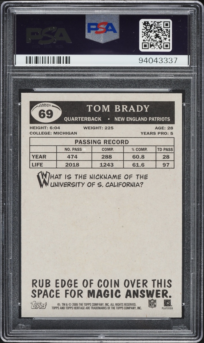 2005 Topps Heritage TB12 Collection Tom Brady AUTO DNA 10 #69 PSA 9 MINT