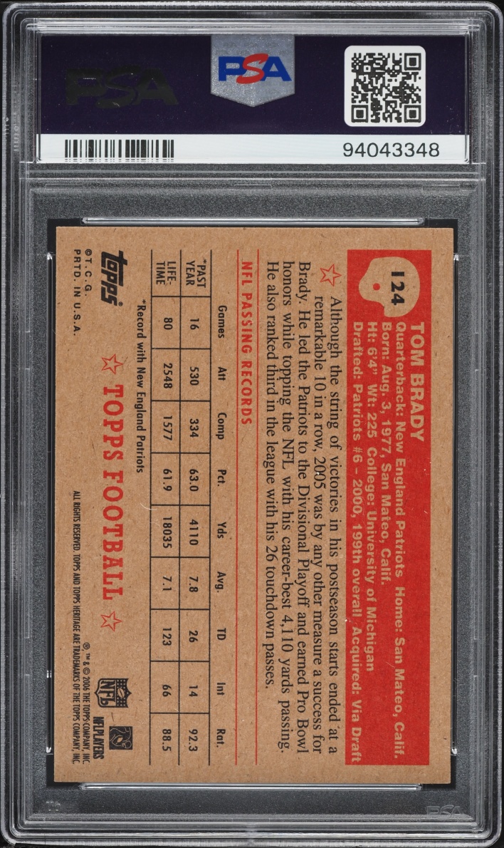 2006 Topps Heritage TB12 Collection Tom Brady AUTO DNA 10 #124 PSA 9 MINT