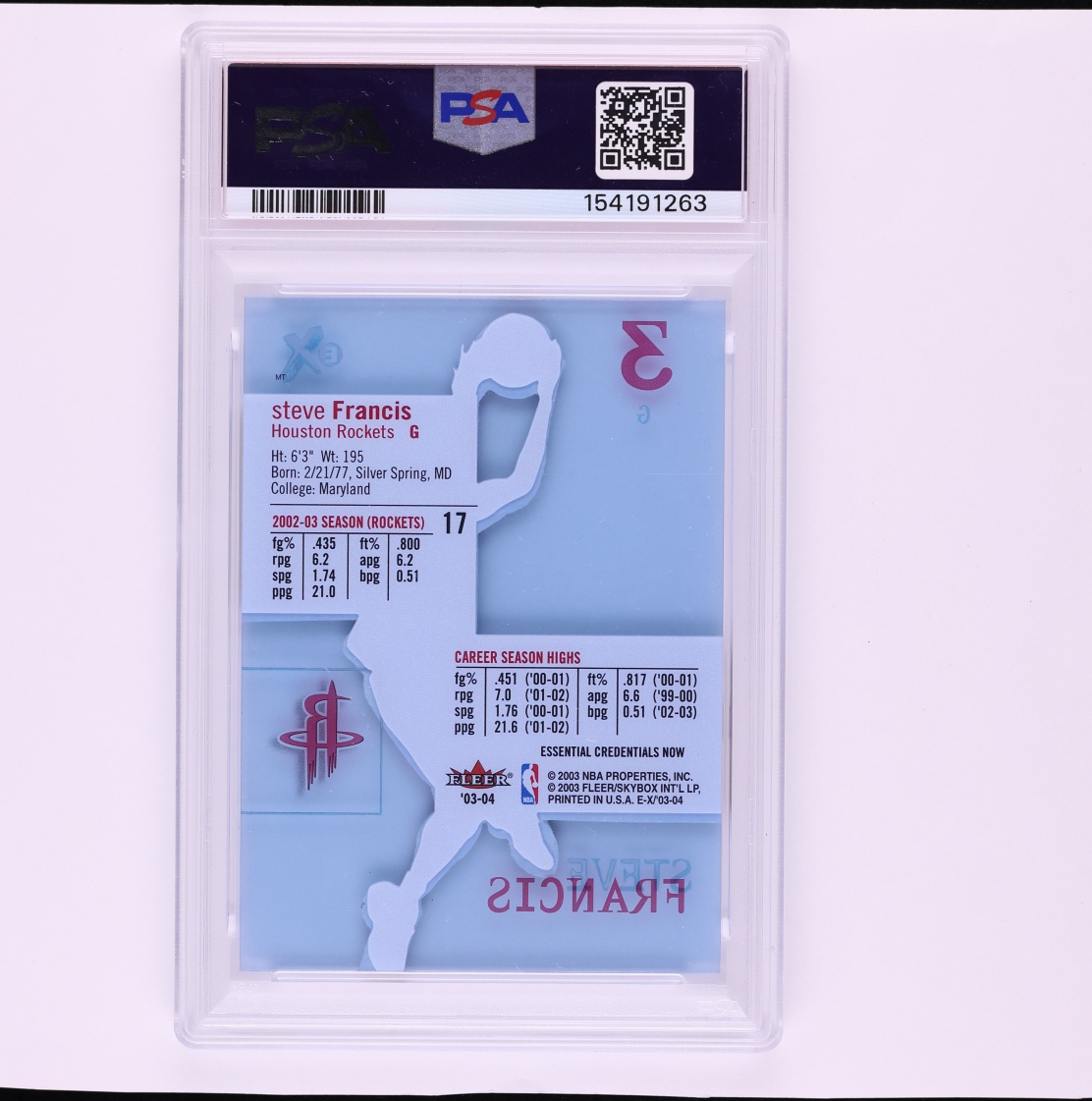 2003 Fleer E-X Essential Credentials Now Steve Francis /17 #17 PSA 7 NRMT