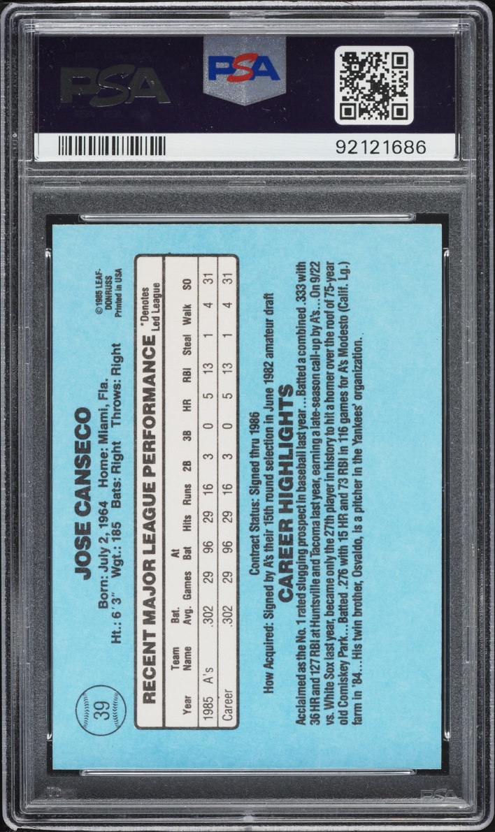 1986 Donruss Jose Canseco ROOKIE #39 PSA 8 NM-MT