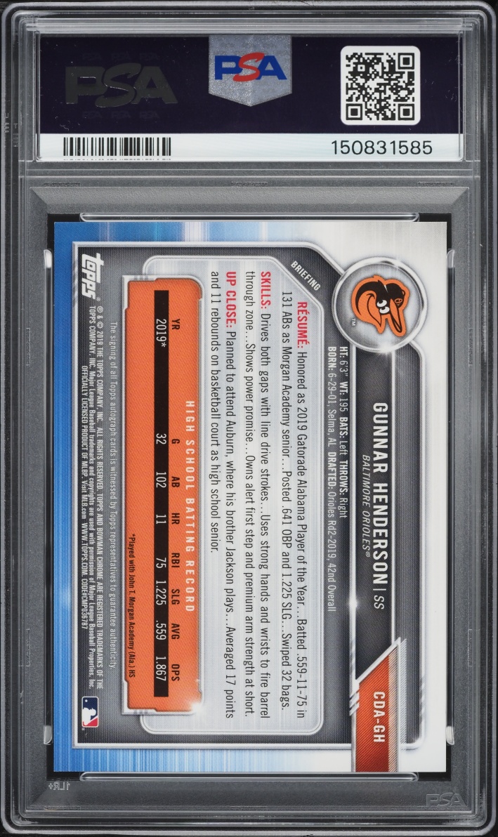2019 Bowman Chrome Draft Blue Refractor Gunnar Henderson PROSPECT AUTO /150 #CDA-GH PSA 9 MINT