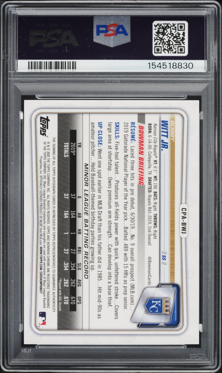 2020 Bowman Chrome Purple Refractor Bobby Witt Jr. PROSPECT AUTO /250 #CPA-BWJ PSA 10 GEM MINT