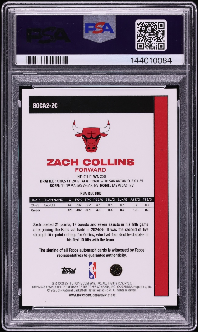 2025 Topps Chrome Silver Pack '80 Veteran Orange Zach Collins AUTO JSY # 12/25 #80CA2-ZC PSA 10