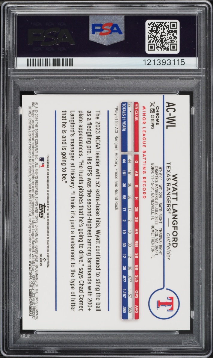2024 Topps Chrome Update Series Blue Refractor Wyatt Langford ROOKIE AUTO /150 #ACWL PSA 9 MINT