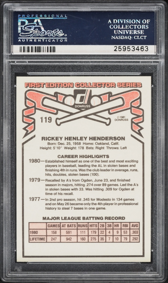 1981 Donruss Rickey Henderson #119 PSA 9 MINT