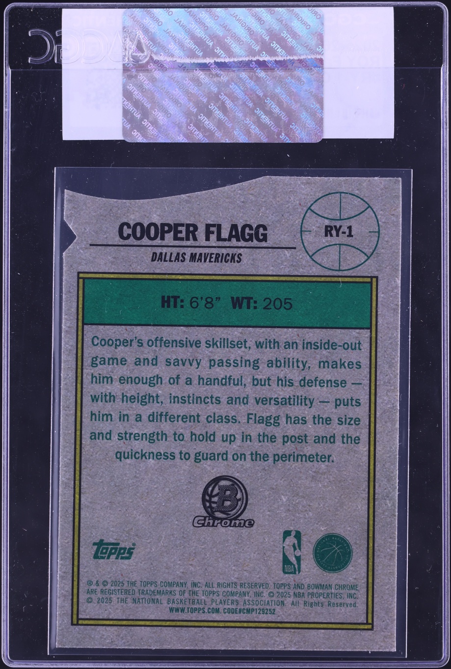 2025 Bowman Chrome ROY Favorites Die-Cut Cooper Flagg ROOKIE #RY-1 CGC AUTH