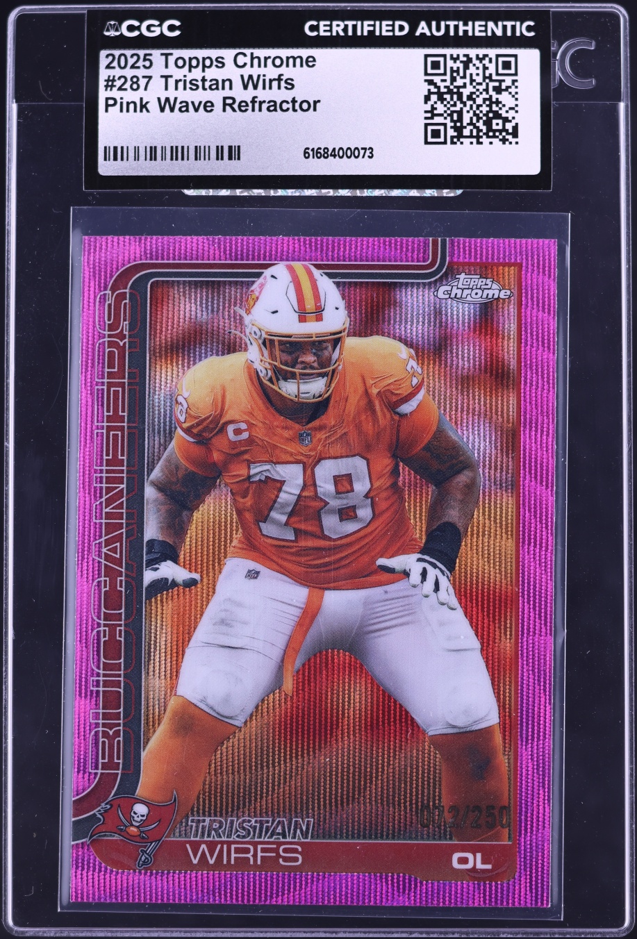 2025 Topps Chrome Pink Wave Refractor Tristan Wirfs /250 #287 CGC AUTH