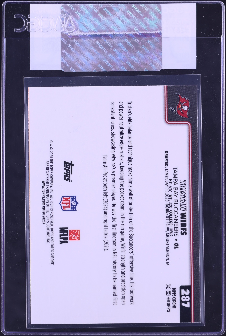 2025 Topps Chrome Pink Wave Refractor Tristan Wirfs /250 #287 CGC AUTH