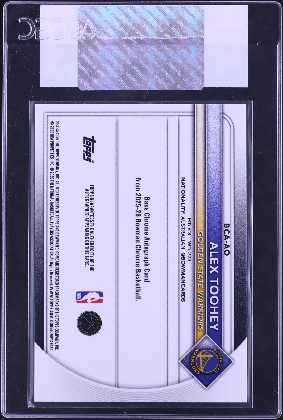 2025 Bowman Chrome Geometric Refractor Alex Toohey ROOKIE AUTO #BCA-AO CGC AUTH