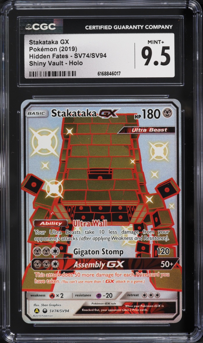 2019 Pokemon Sun & Moon Hidden Fates Shiny Vault Full Art Stakataka GX #SV74 CGC 9.5 MINT+
