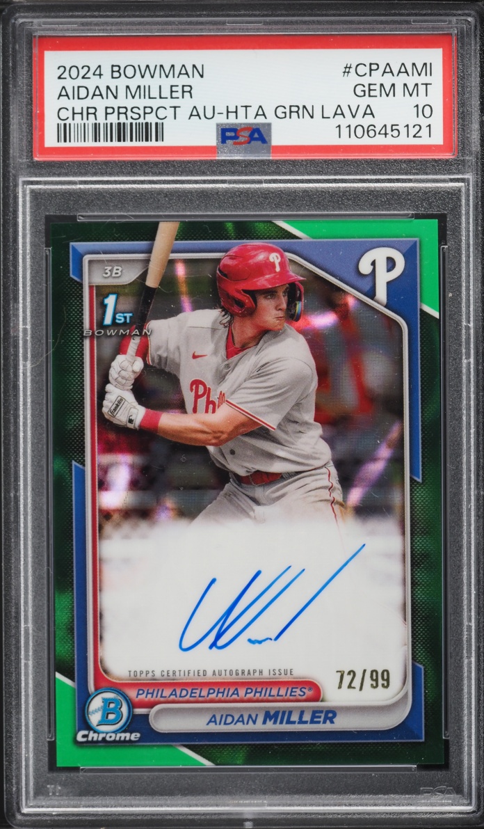 2024 Bowman Chrome HTA Green Lava Aidan Miller PROSPECT AUTO /99 #CPAAMI PSA 10 GEM MINT