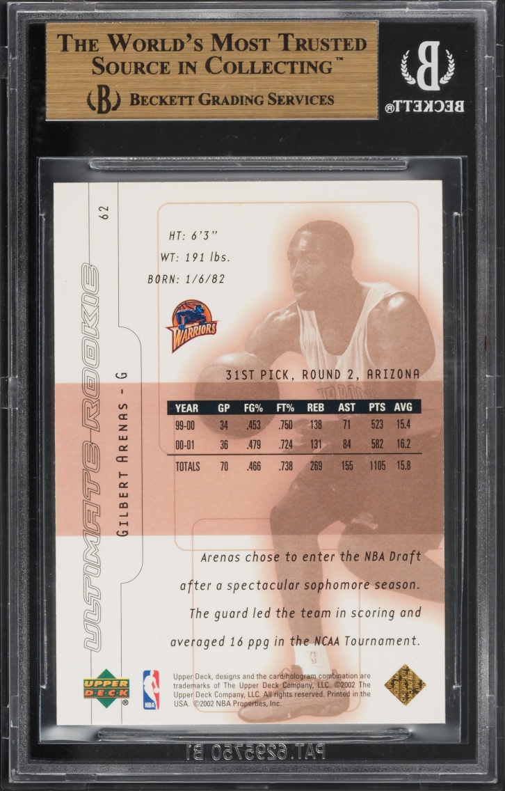 2001 Upper Deck Ultimate Collection Gilbert Arenas ROOKIE /750 #62 BGS 9.5 GEM MINT