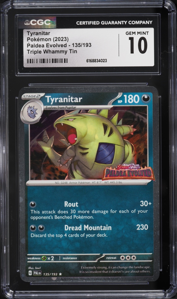 2023 Pokemon SV Paldea Evolved Triple Whammy Tin Cosmos Holo Tyranitar #135 CGC 10 GEM MINT