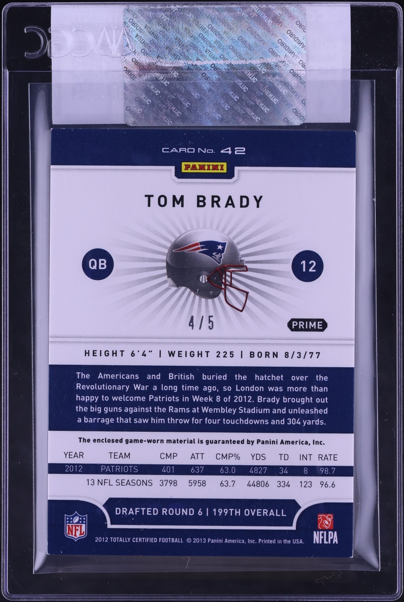 2012 Totally Certified Platinum Green Prime Tom Brady PATCH /5 #42 CGC AUTH