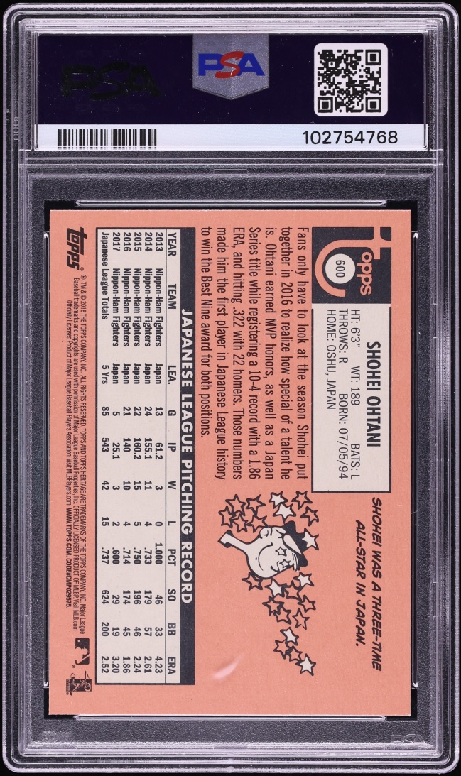2018 Topps Heritage Shohei Ohtani ROOKIE #600 PSA 10 GEM MINT
