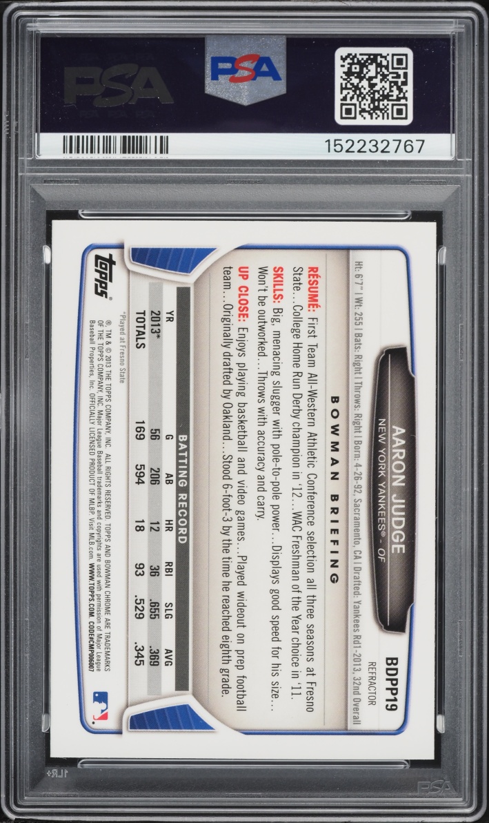2013 Bowman Chrome Draft Refractor Aaron Judge PROSPECT #BDPP19 PSA 8 NM-MT
