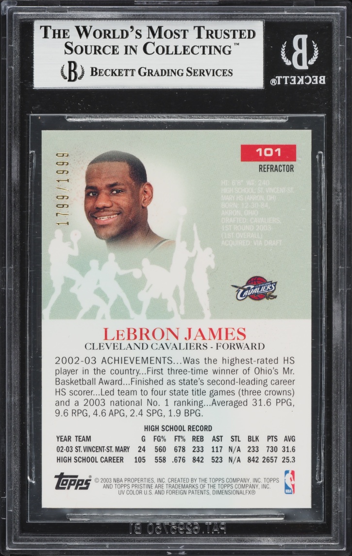 2003 Topps Pristine Refractor LeBron James ROOKIE /1999 #101 BGS 9 MINT