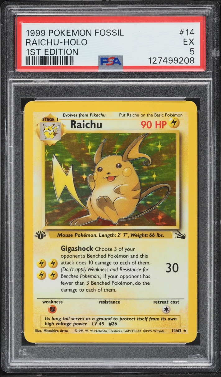 1999 Pokemon Fossil 1st Edition Holo Raichu #14 PSA 5 EX
