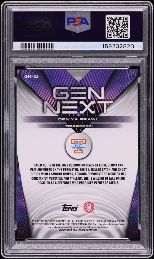 2025 Bowman Chrome University Gen Next Black Geometric Deniya Prawl ROOKIE 1/10 #GN-25 PSA 9