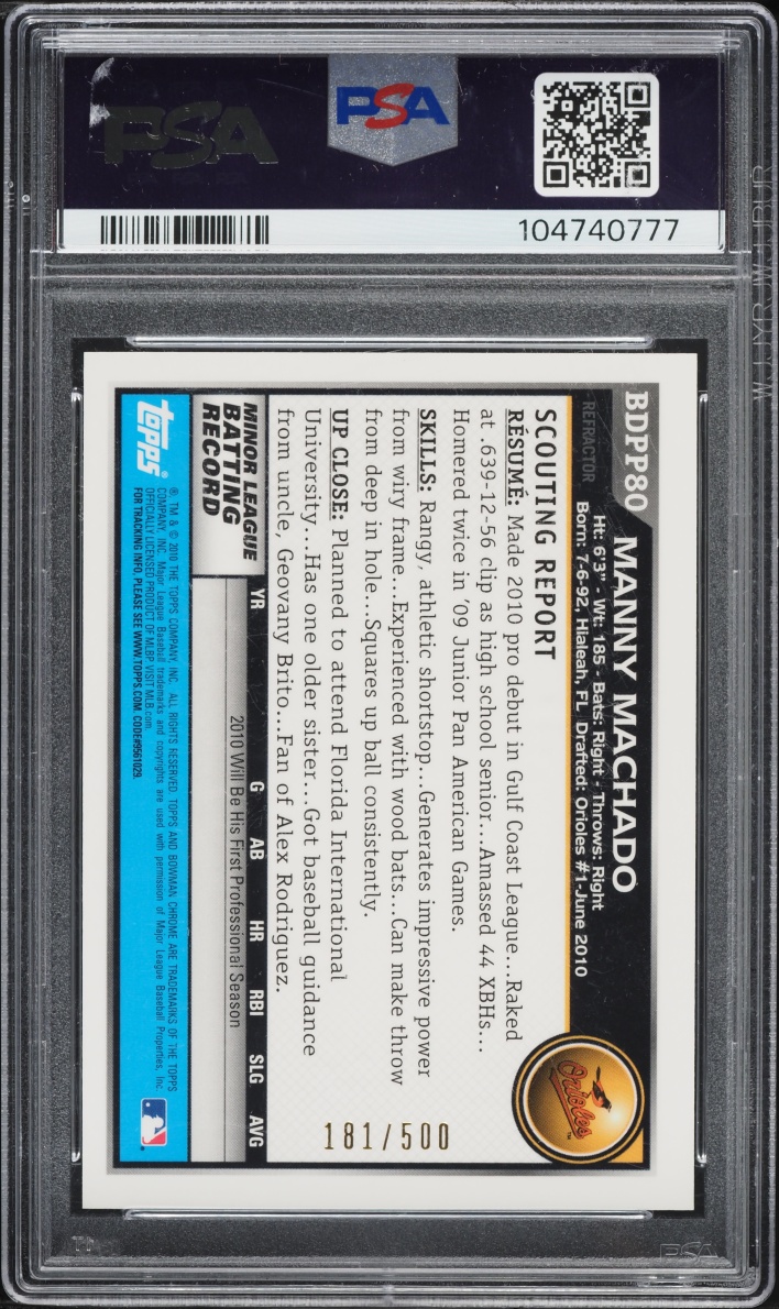 2010 Bowman Chrome Draft Refractor Manny Machado ROOKIE AUTO /500 PSA 9 MINT